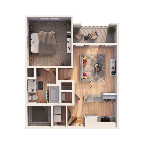 Floor plan for 1 bed, 1 bath, 684 sqft
